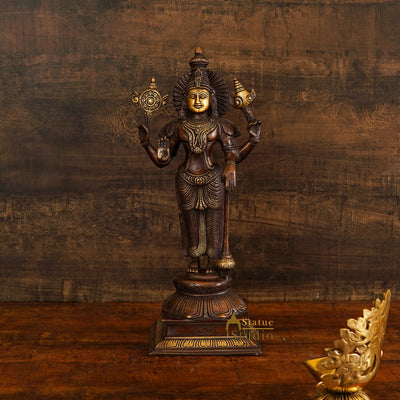 Brass Antique Hindu God Vishnu Idol Standing Home Temple Décor Statue 1.5 Feet