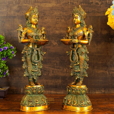 Brass Standing Deeplakshmi Pair Statue Showpiece For Home Temple Diwali Décor