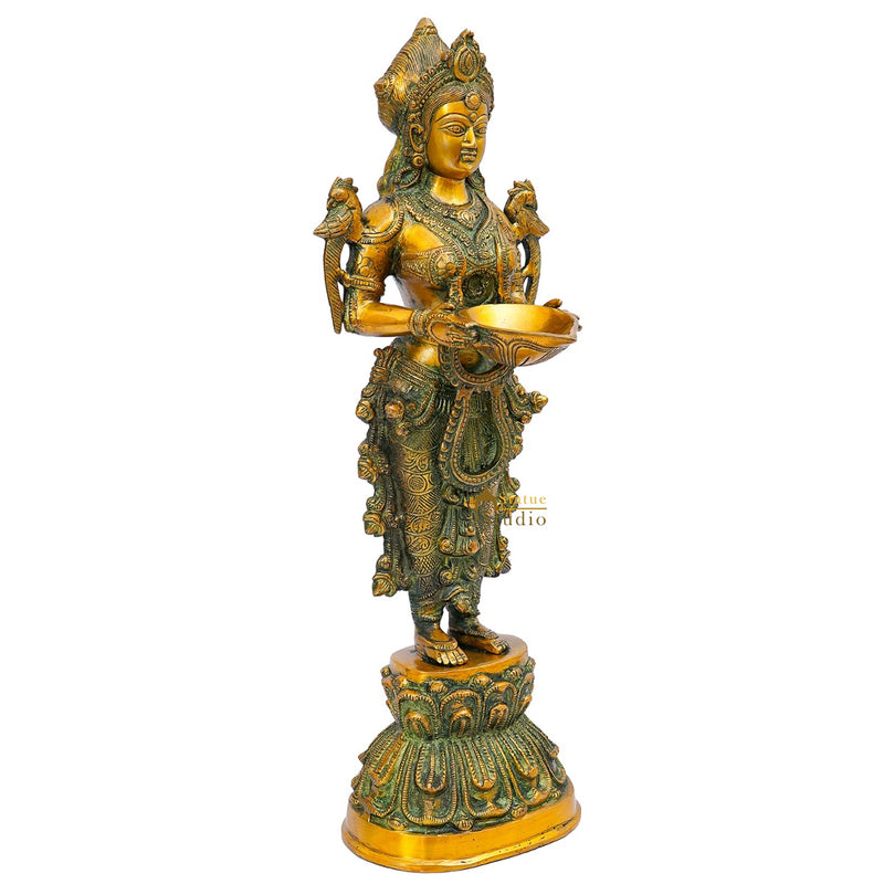 Brass Standing Deeplakshmi Statue Showpiece For Home Temple Diwali Décor 20"
