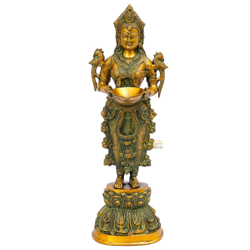 Brass Standing Deeplakshmi Statue Showpiece For Home Temple Diwali Décor 20"