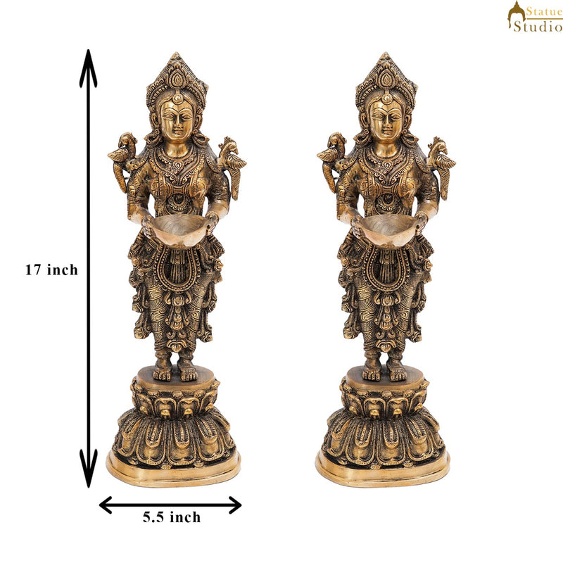 Brass Standing Deeplakshmi Pair Statue Showpiece For Home Temple Diwali Décor 17"