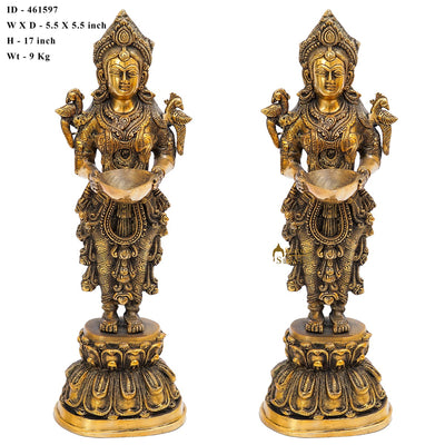 Brass Standing Deeplakshmi Pair Statue Showpiece For Home Temple Diwali Décor 17"
