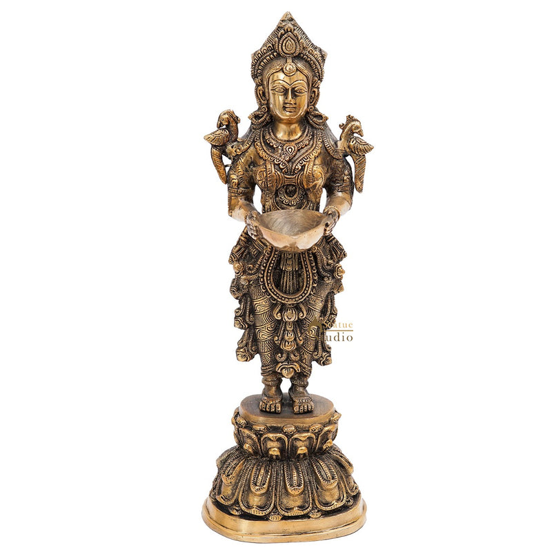 Brass Standing Deeplakshmi Statue Showpiece For Home Temple Diwali Décor 17"