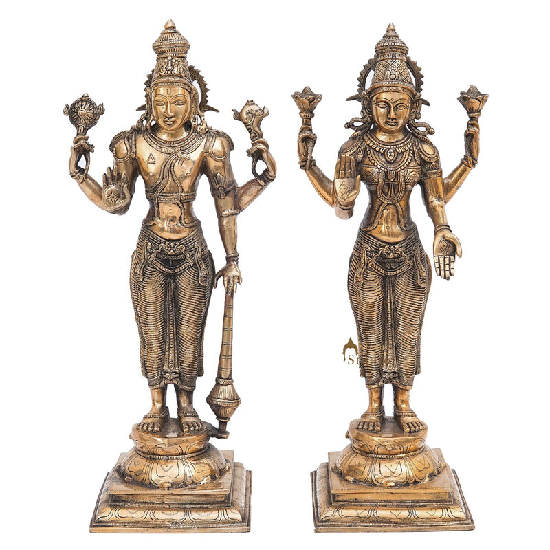 Brass Antique Vishnu Lakshmi Idol Home Temple Décor Religious Gift Statue 20"