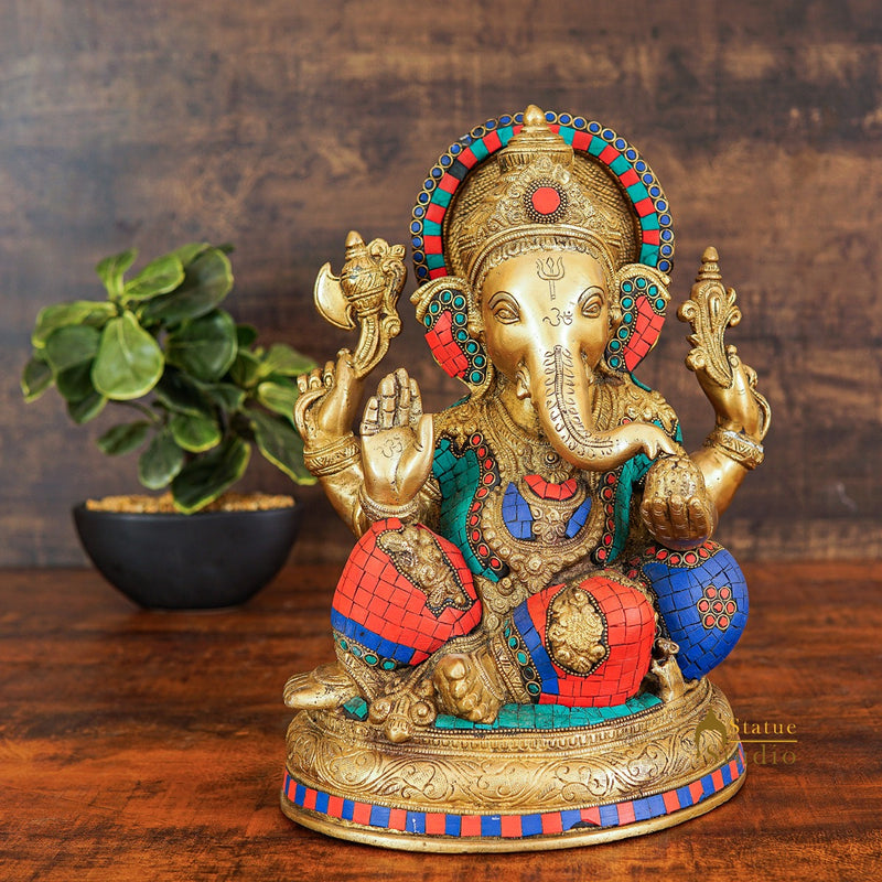 Brass Ganesha Statue Home Office Desk Lucky Décor Idol Gift Showpiece 13"