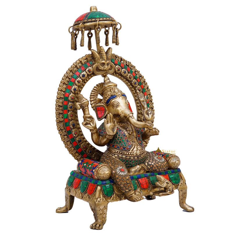 Brass Ganesha Statue Ganpati Idol Sitting On Throne Home Pooja Décor Gift 18"
