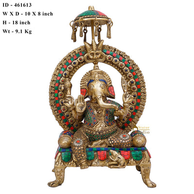 Brass Ganesha Statue Ganpati Idol Sitting On Throne Home Pooja Décor Gift 18"