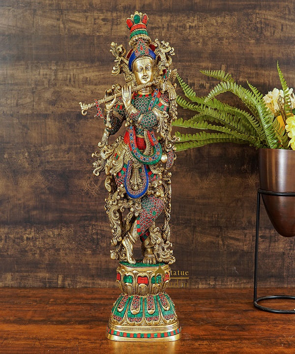 Brass Krishna Idol Home Garden Décor Temple Gift Showpiece Statue 2.5 Feet