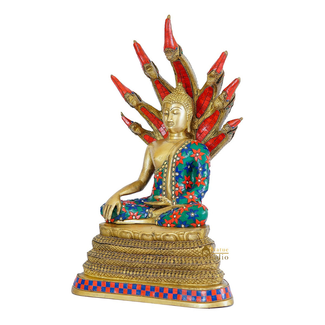 Brass Buddha Statue Sitting Under Serpent Idol For Home Decor Showpiece 20"