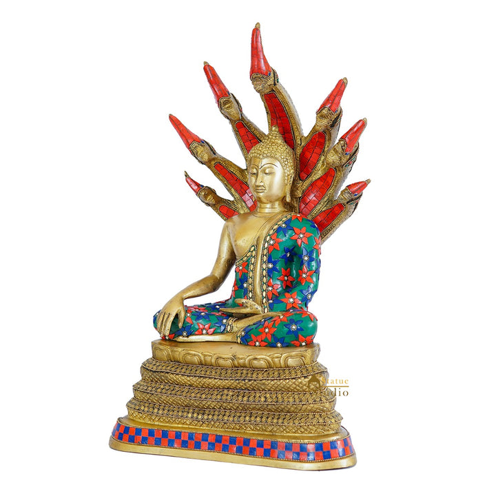 Brass Buddha Statue Sitting Under Serpent Idol For Home Decor Showpiece 20"