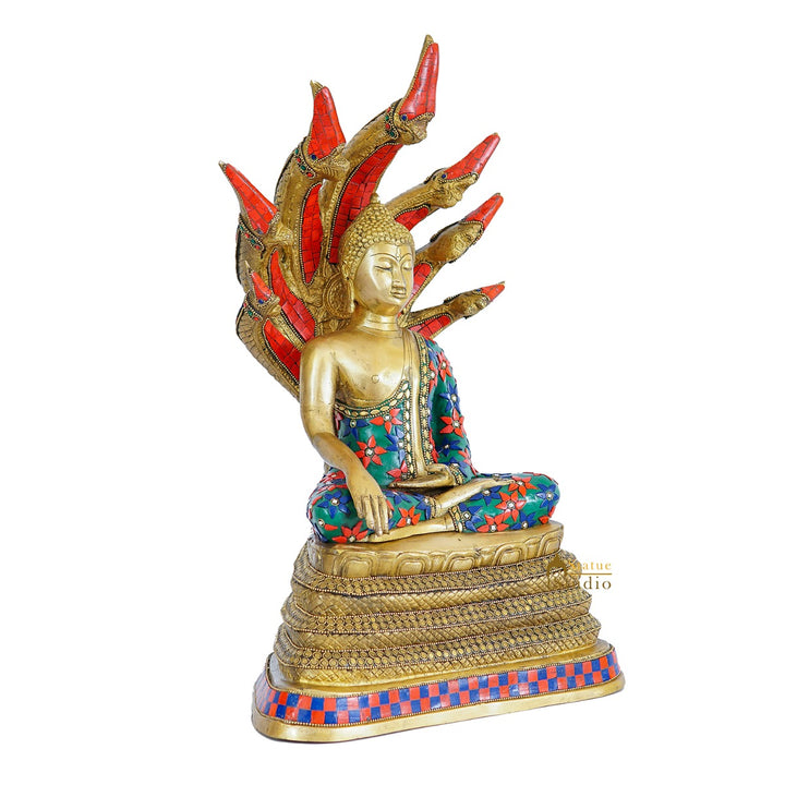 Brass Buddha Statue Sitting Under Serpent Idol For Home Decor Showpiece 20"