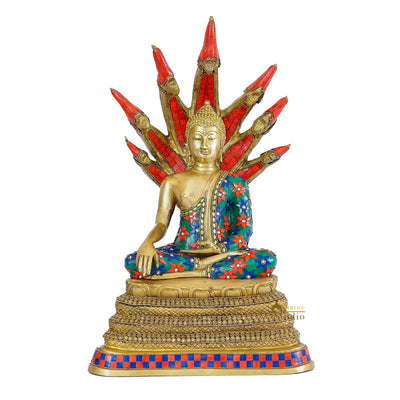 Brass Rare Buddha Statue Sitting Under Serpent Idol Décor Showpiece 20"