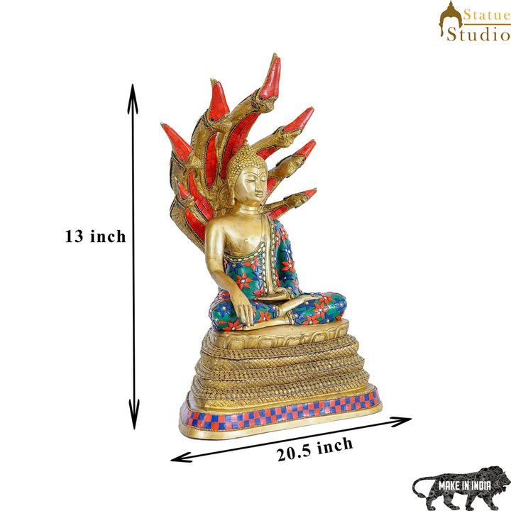 Brass Buddha Statue Sitting Under Serpent Idol For Home Decor Showpiece 20"