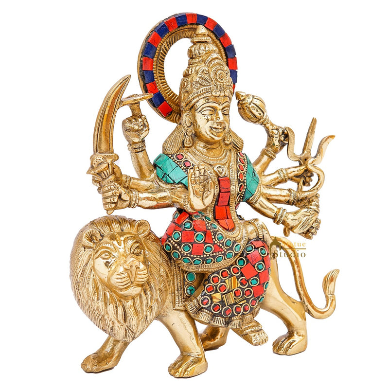 Brass Maa Durga Idol Sherawali Statue Religious Home Temple Décor Showpiece 9"