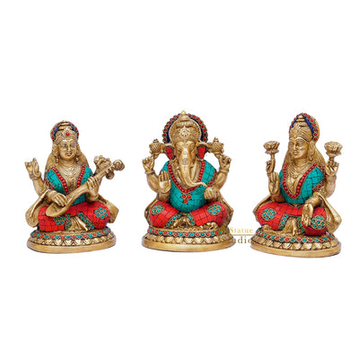 Brass Ganesha Laxmi Saraswati Statue Home Pooja Office Décor Diwali Gift Idols 8"