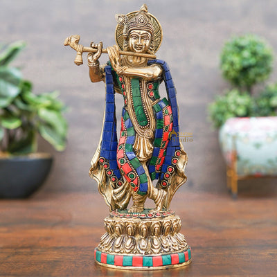 Brass Krishna Idol For Home Office Table Décor Pooja Room Gift Statue 10"