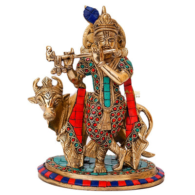 Brass Krishna With Cow Idol Home Table Pooja Décor Statue Gift Showpiece 8"
