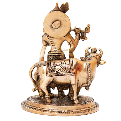 Brass Krishna Statue With Cow Idol Home Table Pooja Décor Statue Gift Showpiece 8"