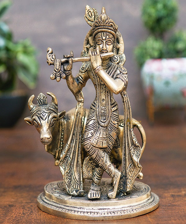 Brass Krishna Statue With Cow Idol Home Table Pooja Décor Statue Gift Showpiece 8"