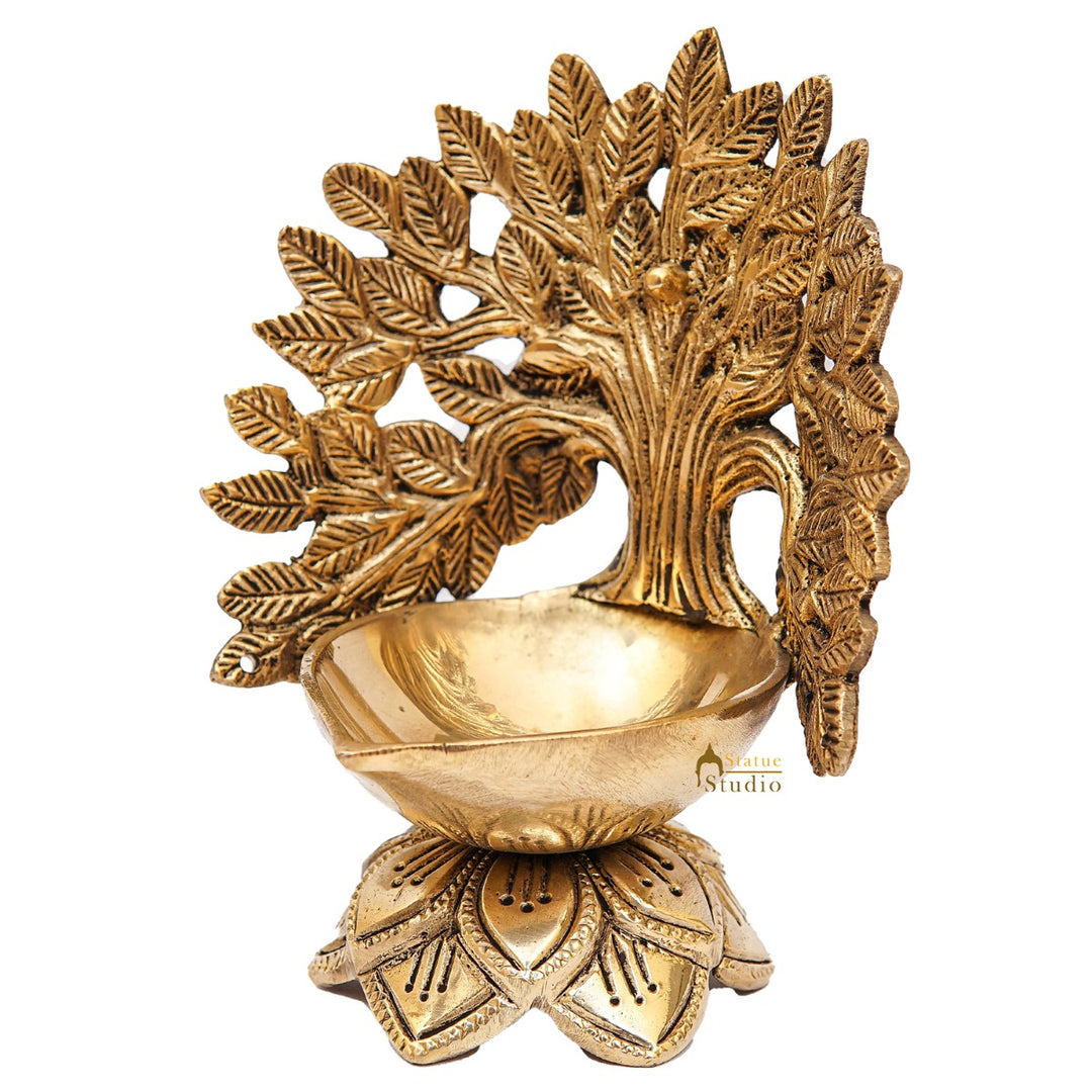 Brass Tree Diya For Pooja Room Home Diwali Décor Gift Showpiece 5"