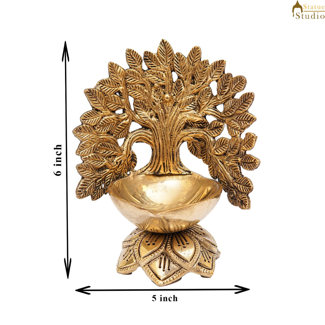 Brass Tree Diya For Pooja Room Home Diwali Décor Gift Showpiece 5"