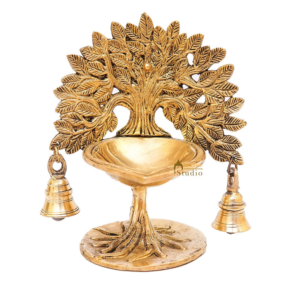 Brass Tree Diya With Bells For Pooja Room Home Diwali Décor Gift Showpiece 5"