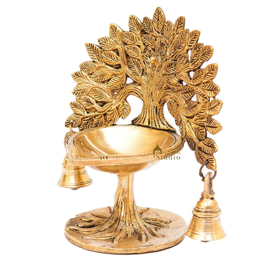 Brass Tree Diya With Bells For Pooja Room Home Diwali Décor Gift Showpiece 5"