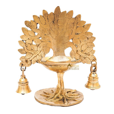 Brass Tree Diya With Bells For Pooja Room Home Diwali Décor Gift Showpiece 5"