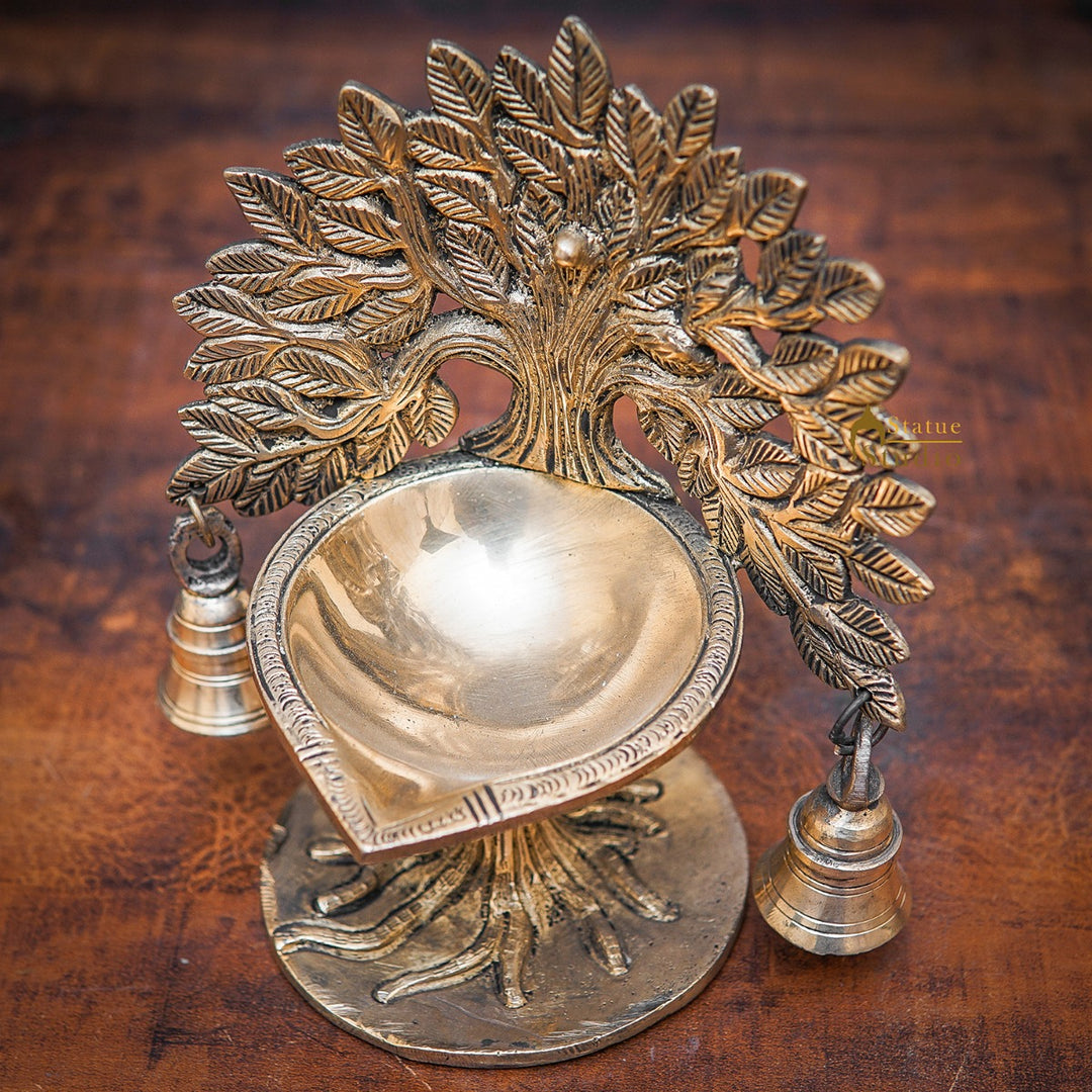 Brass Tree Diya With Bells For Pooja Room Home Diwali Décor Gift Showpiece 5" - 461679