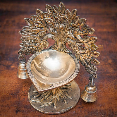 Brass Tree Diya With Bells For Pooja Room Home Diwali Décor Gift Showpiece 5"