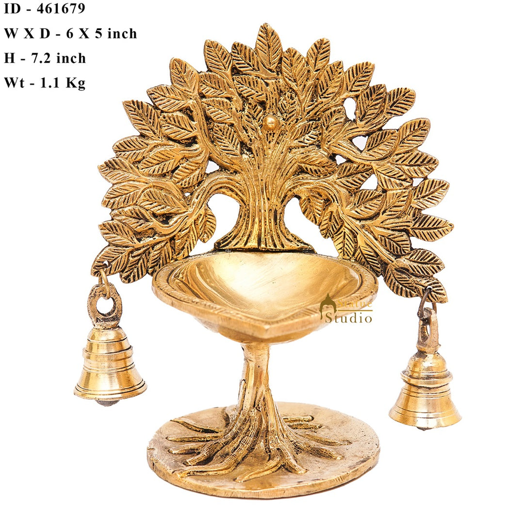 Brass Tree Diya With Bells For Pooja Room Home Diwali Décor Gift Showpiece 5"