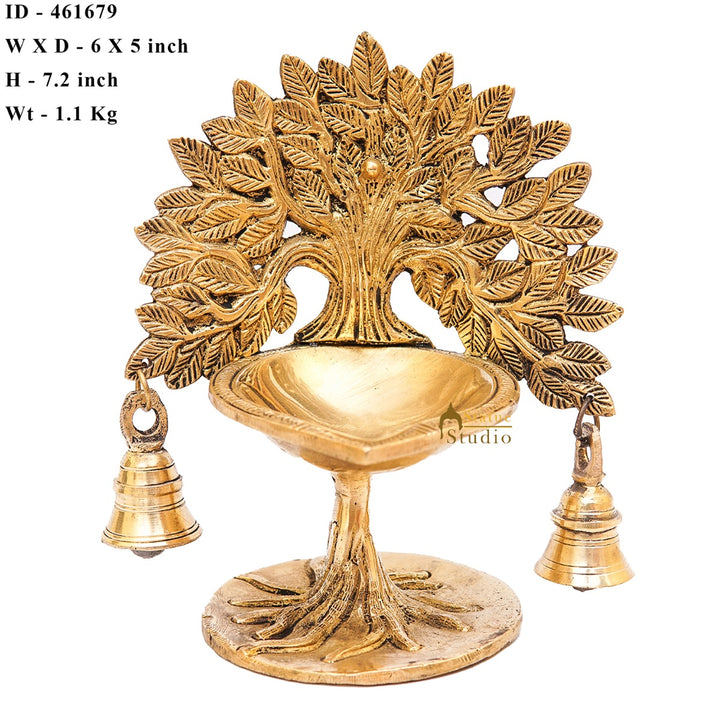 Brass Tree Diya With Bells For Pooja Room Home Diwali Décor Gift Showpiece 5"