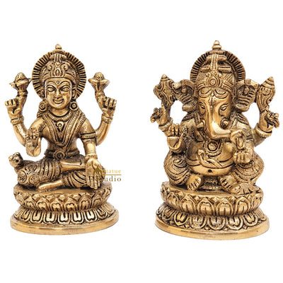Brass Ganesha Lakshmi Statue For Home Office Diwali Puja Décor Idol Showpiece 5"