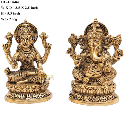 Brass Ganesha Lakshmi Statue For Home Office Diwali Puja Décor Idol Showpiece 5"