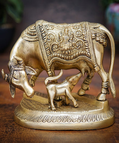Brass Cow With Calf Idol Lakshmi Ji Engraved Home Pooja Room Décor Showpiece 5"