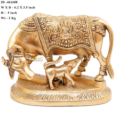 Brass Cow With Calf Idol Lakshmi Ji Engraved Home Pooja Room Décor Showpiece 5"