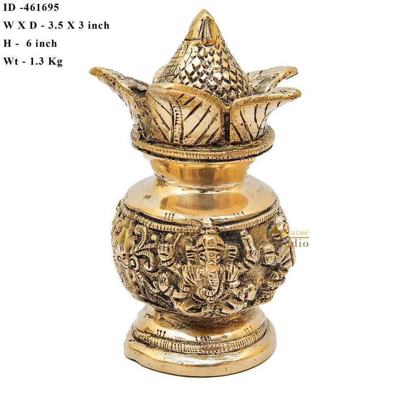 Brass Hindu Gods Engraved Kalash For Home Temple Pooja Room Décor Showpiece 6"