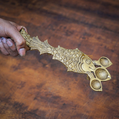 Brass Fish Shaped Pooja Spoon For Home Puja Room Décor Gift Showpiece 10"