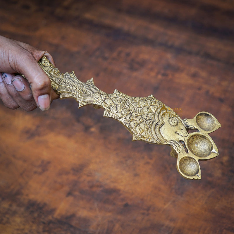 Brass Fish Shaped Pooja Spoon For Home Puja Room Décor Gift Showpiece 10"