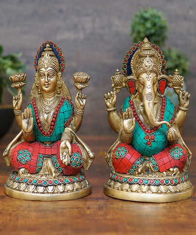 Brass Ganesha Lakshmi Idols For Home Diwali Pooja Room Décor Gift Showpiece 8"