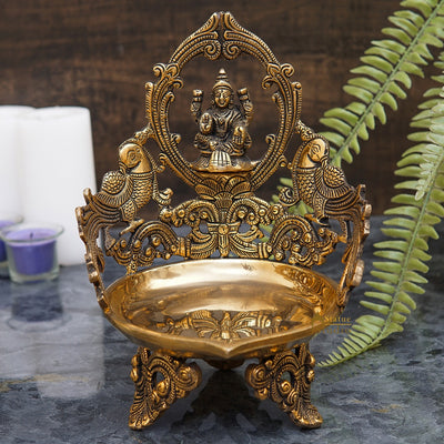 Brass Laxmi Lamp Temple Home Décor Lakshmi With Peacock Diya For Diwali Puja Gift Showpiece 10"
