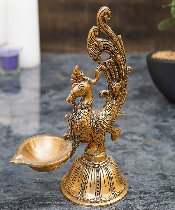 Brass Peacock Bird Diya For Pooja Room Home Diwali Décor Gift Showpiece 7"