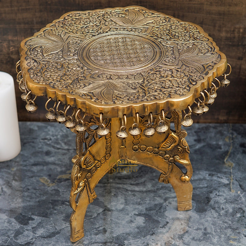 Brass Designer Chowki Side Stool Pedestal Antique Furniture Home Pooja Room Décor 11"