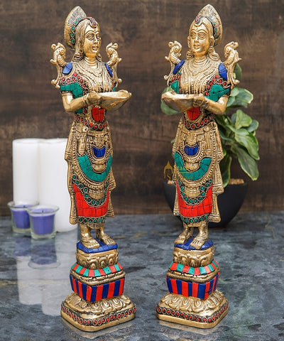 Brass Deeplakshmi Pair Statue For Home Puja Room Diwali Décor Idol Showpiece 13"