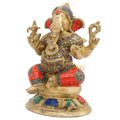 Brass Ganesha Statue On Base Sitting Idol Home Office Diwali Room Décor 9"