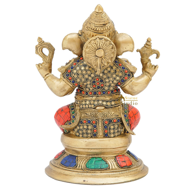 Brass Ganesha Statue On Base Sitting Idol Home Office Diwali Room Décor 9"