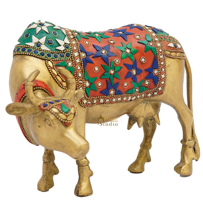 Brass Holy Cow Idol Home Temple Pooja Room Décor Diwali Wedding Gift Statue 7"