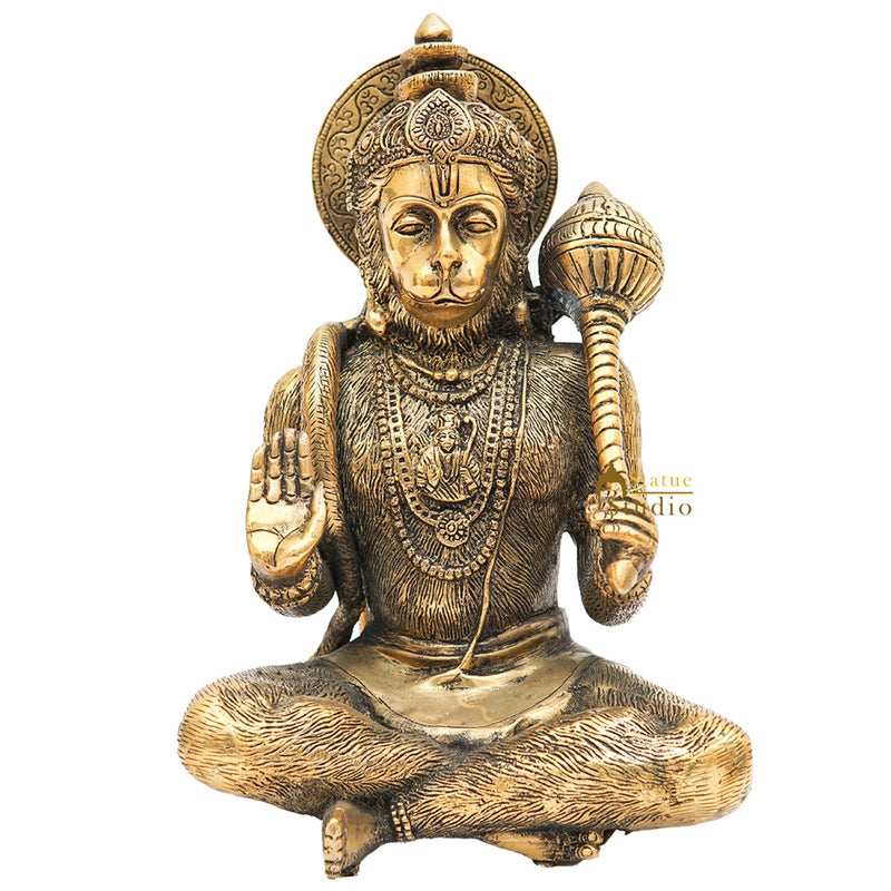 Brass Antique Hanuman Idol Home Office Pooja Room Décor Gift Statue 11"