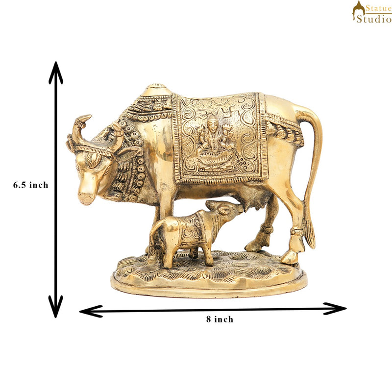 Brass Cow With Calf Idol Lakshmi Ji Engraved Home Pooja Room Décor Showpiece 6.5"