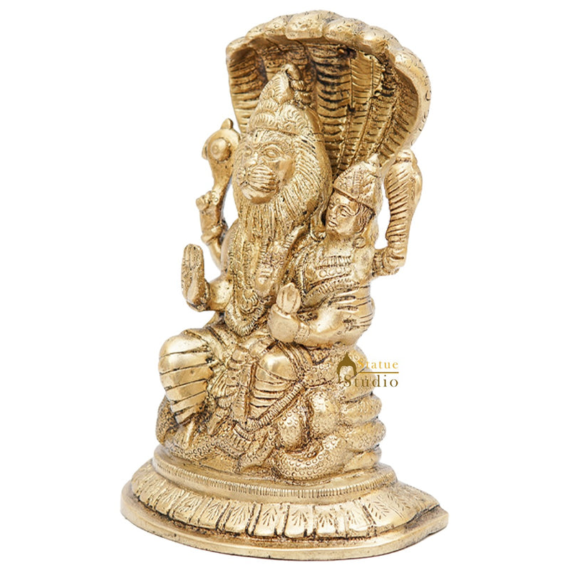 Brass Narsingh Laxmi Idol Under Serpent Religious Lucky Décor Statue 7"